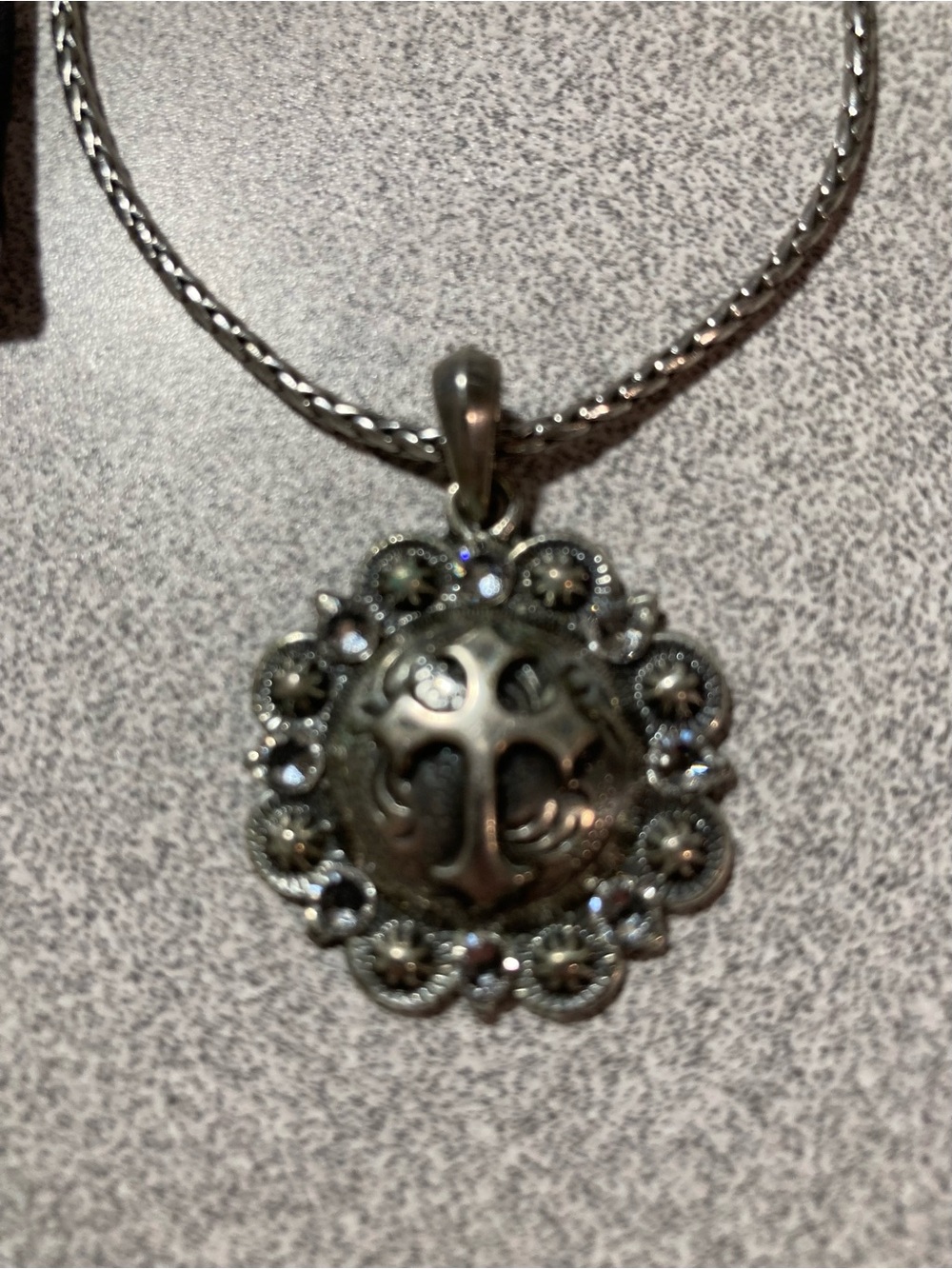 Brighton Vintage Silver-Tone Ornate Cross Disc Pendant Necklace with Charm EUC